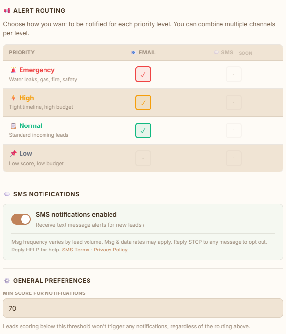 Screenshot of account settings showing SMS notifications toggle in enabled state