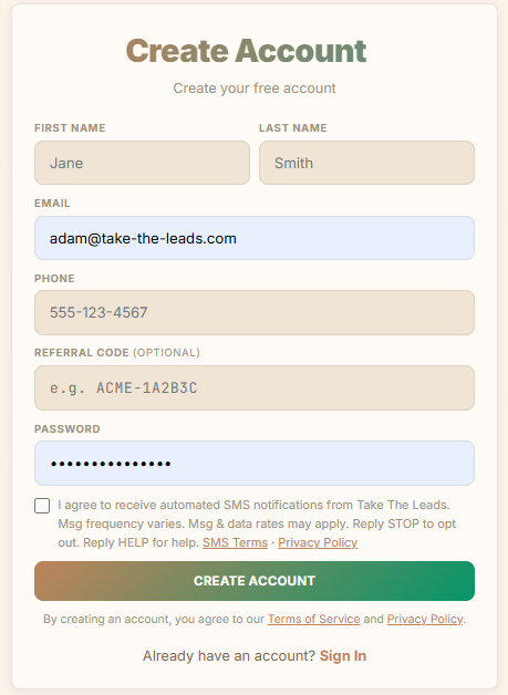 Screenshot of account registration form showing SMS consent checkbox